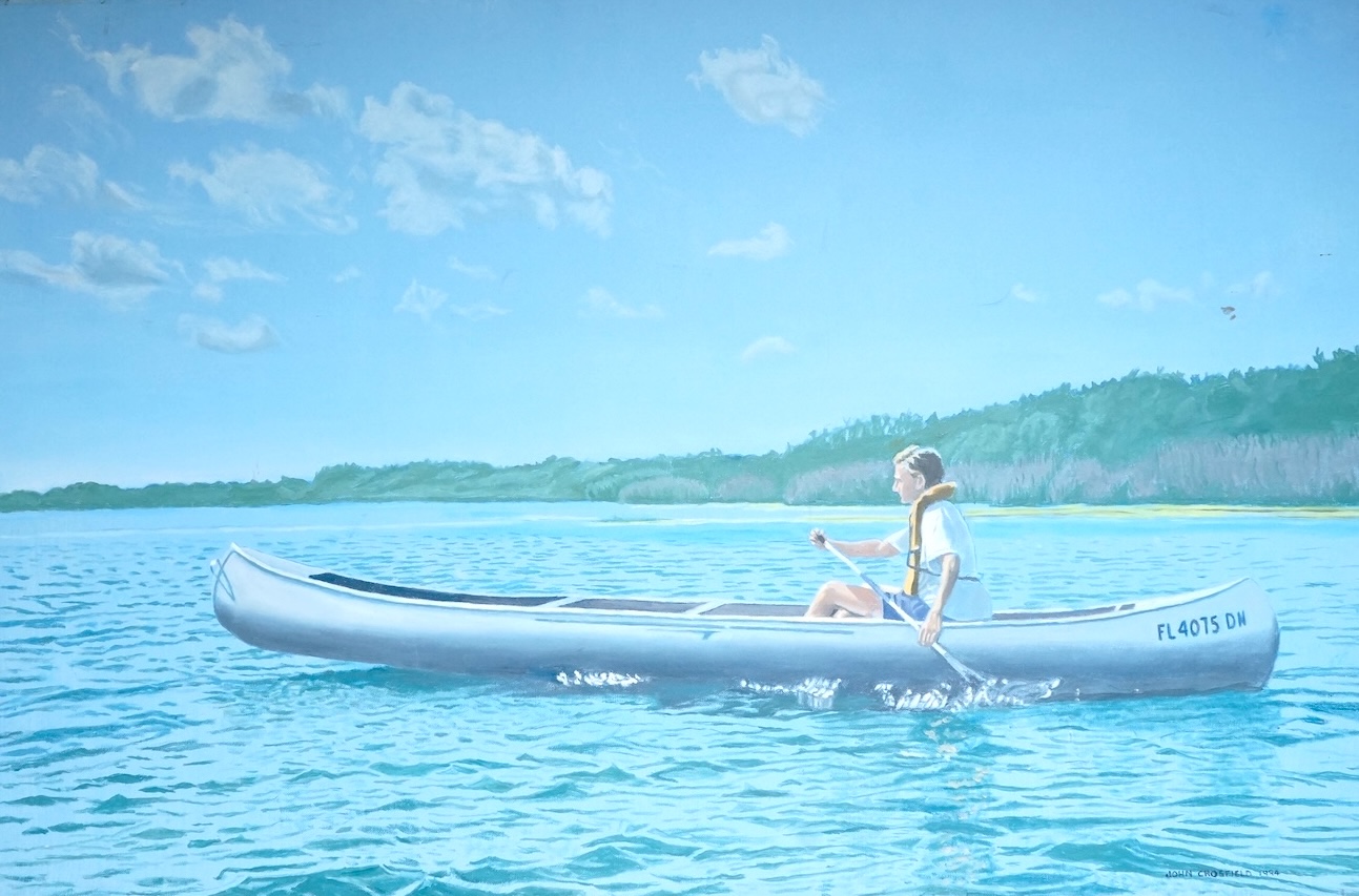 John Crosfield, Figure rowing, signed and dated 1974, oil on canvas, unframed, 60 x 90cm